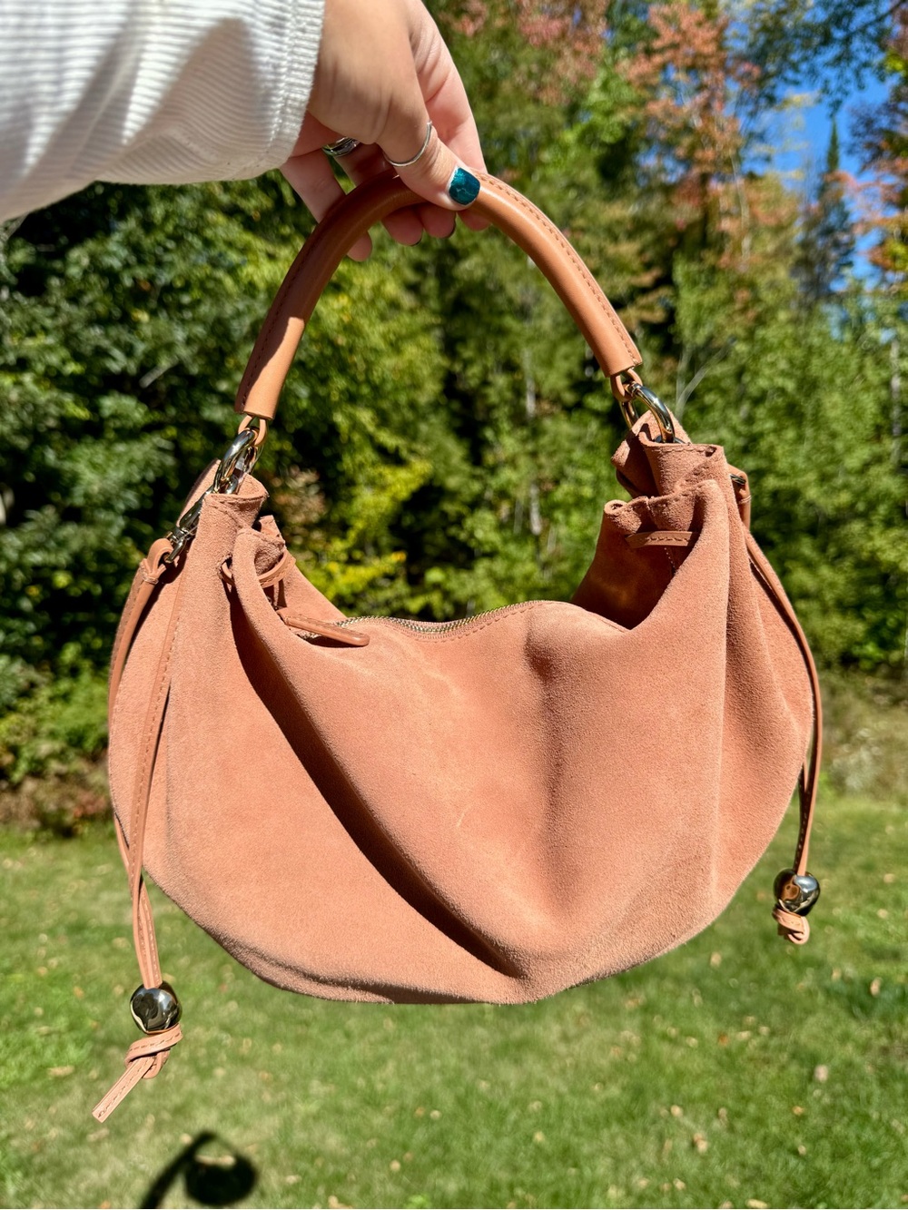 Madewell The Carmen Gathered Suede Shoulder Crescent Hobo Bag in Dusty Rose